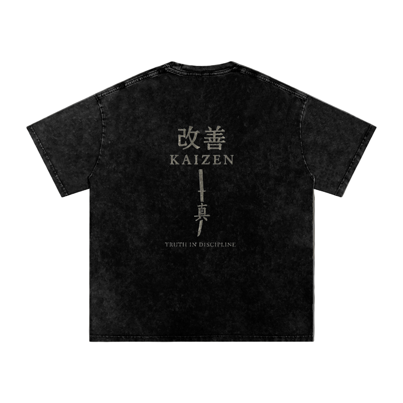 Black t-shirt with "KAIZEN" and "TRUTH IN DISCIPLINE" white text and design on a plain background, Back View